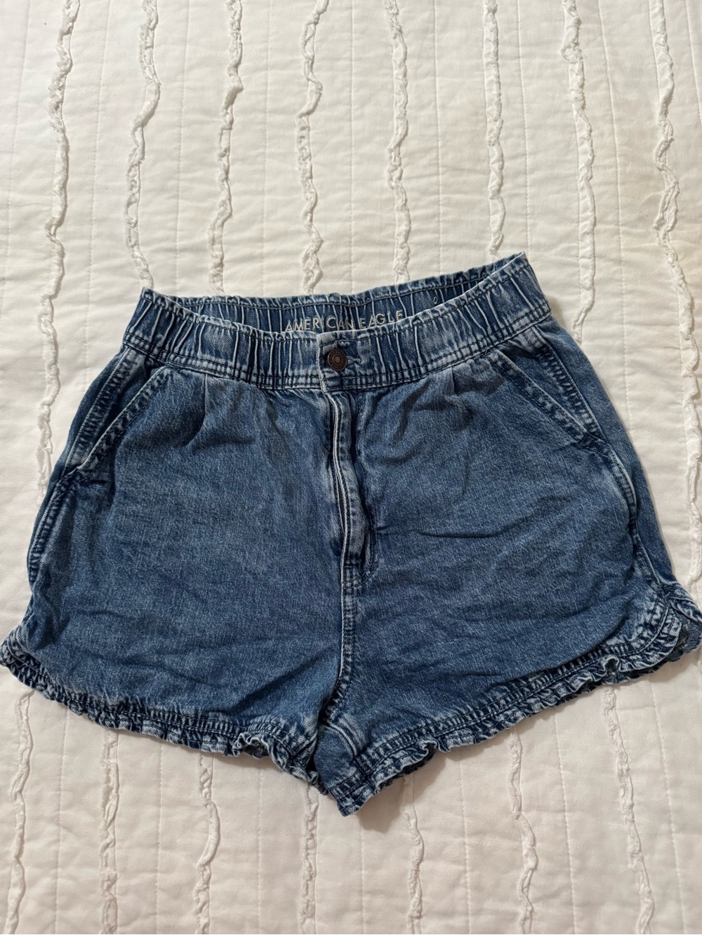 American Eagle Outfitters Medium Blue Denim Ruffle Hem Mom Shorts